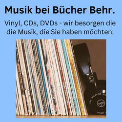 Foto mit LPs und Kopfhörer - Hinweis auf die Musik-Produkte in der Buchhandlung