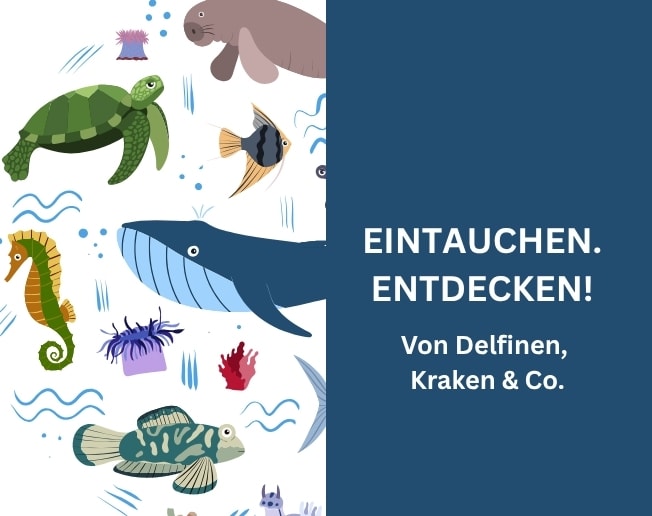 Auf der Grafik sieht man Meerestiere wie Wale, Seepferdchen, Schildkröten, Fische. Per Klick landet man bei Büchern zum Thema Meerestiere.